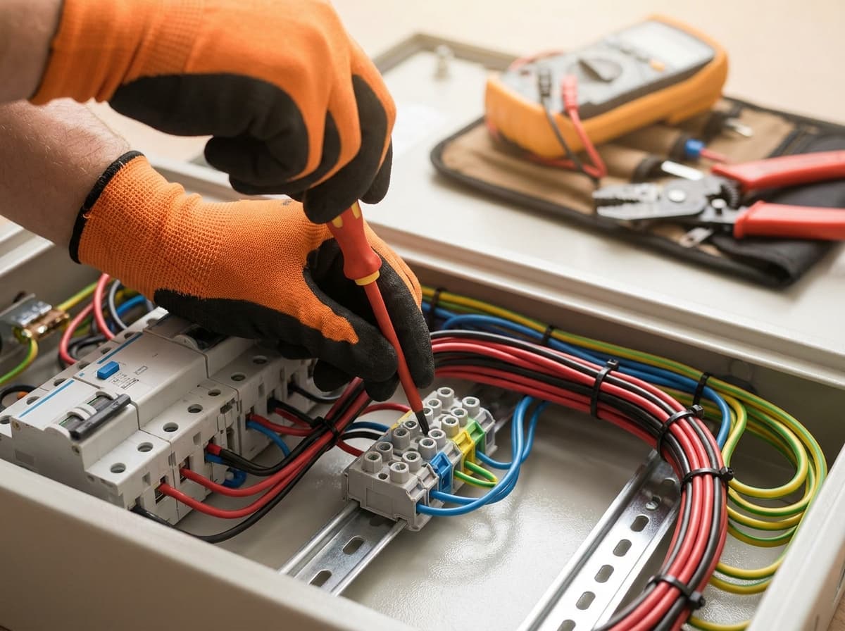 Close-up of an electrician wiring a circuit breaker panel