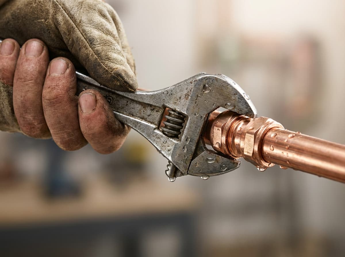 Close-up of a plumber tightening a copper pipe fitting