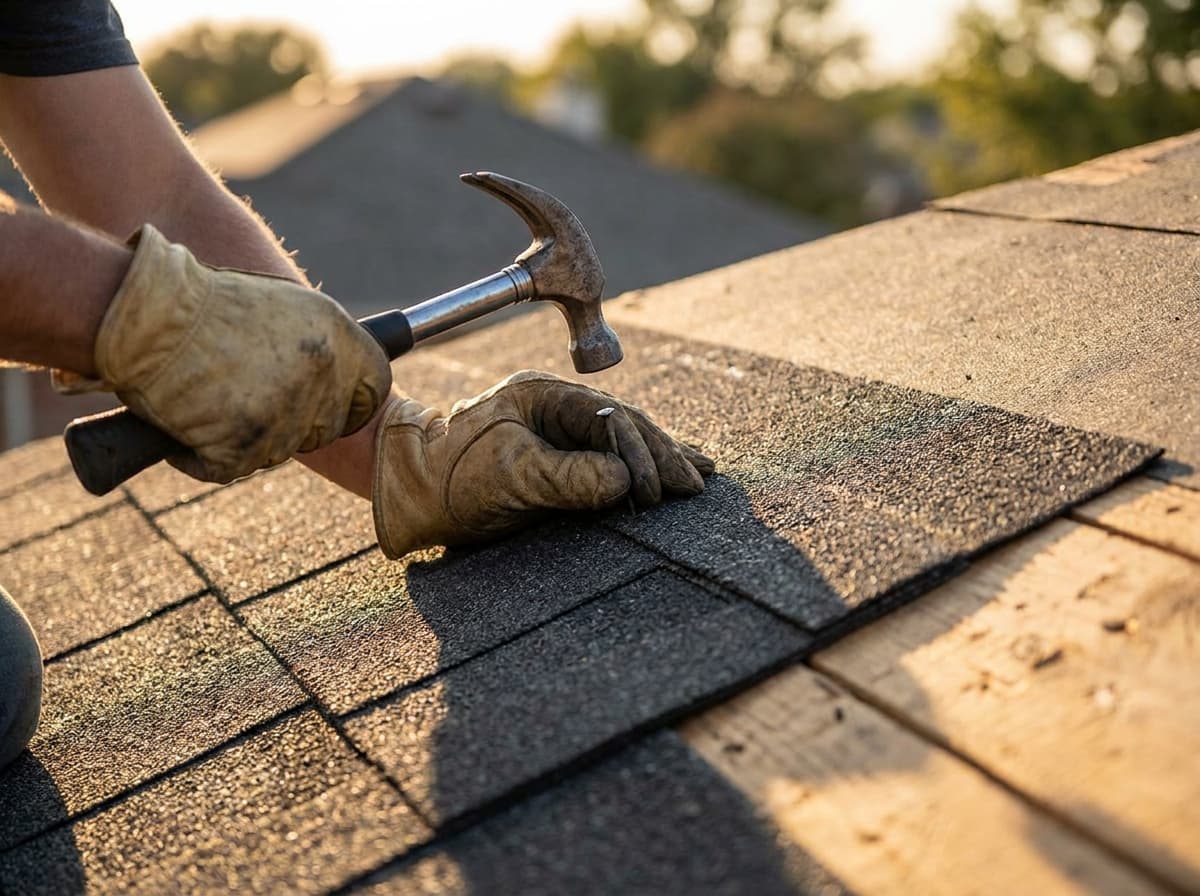 Close-up of a roofer nailing down a new asphalt shingle