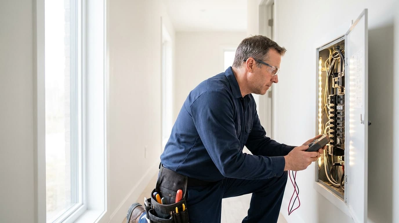 Electrician inspecting a home electrical panel