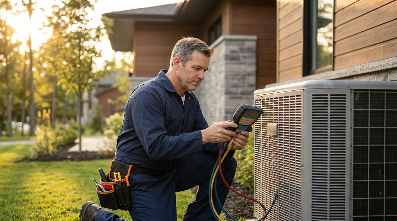 HVAC technician servicing an outdoor condenser unit