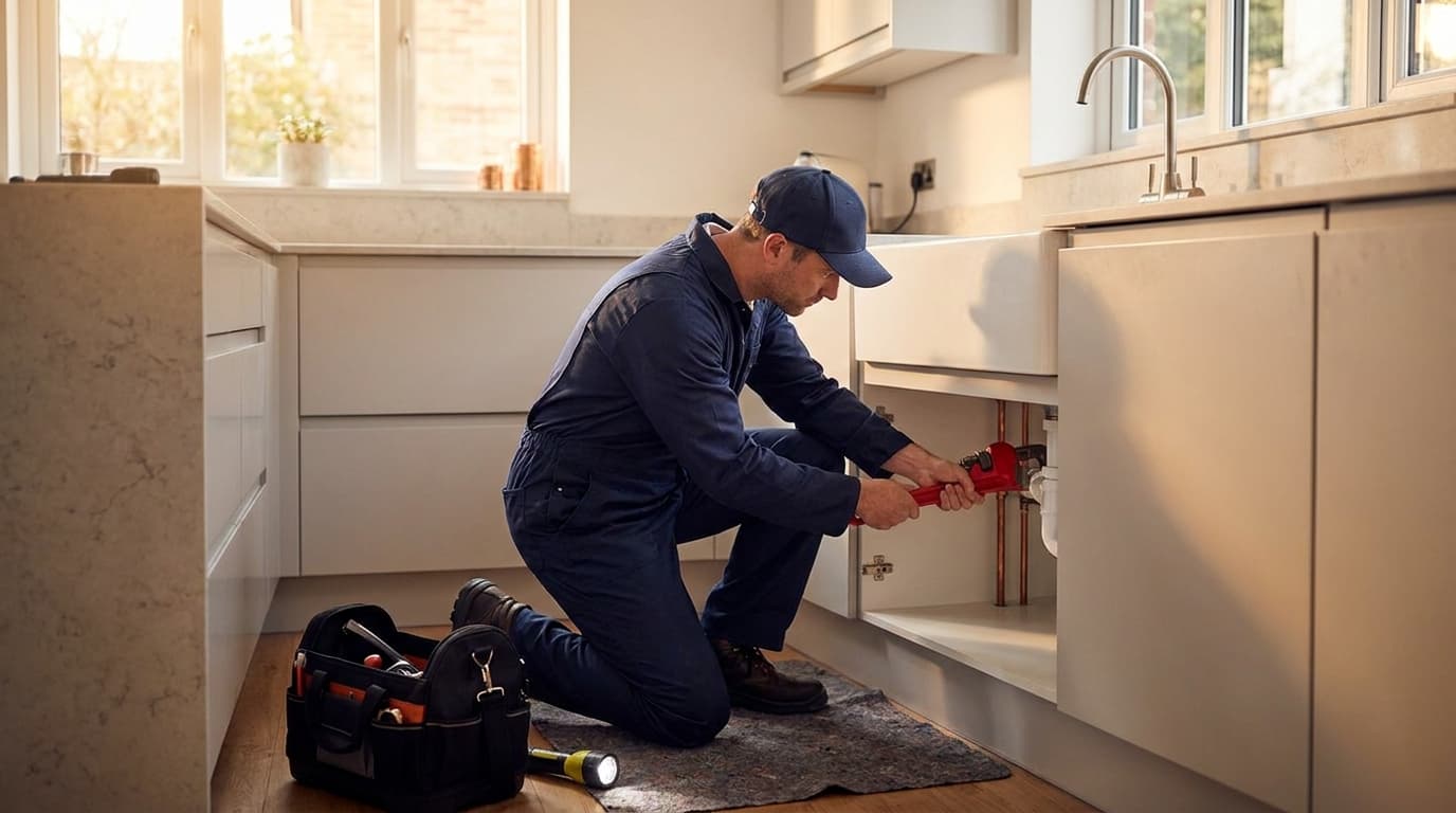 Plumber repairing pipes under a kitchen sink