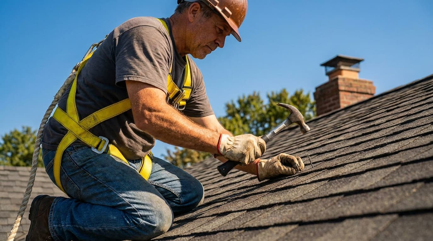 Roofer installing asphalt shingles