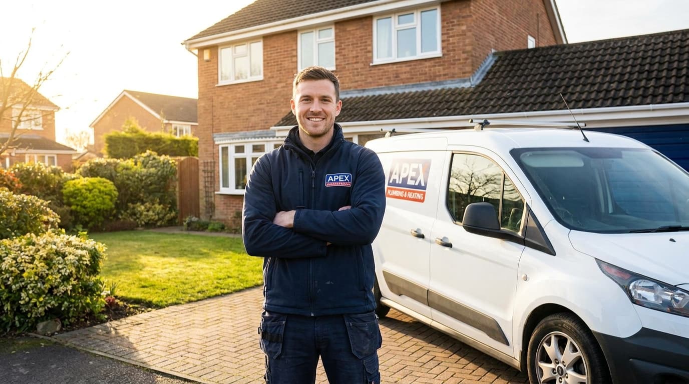 Tradesman standing confidently beside his branded work van outside a customer's home