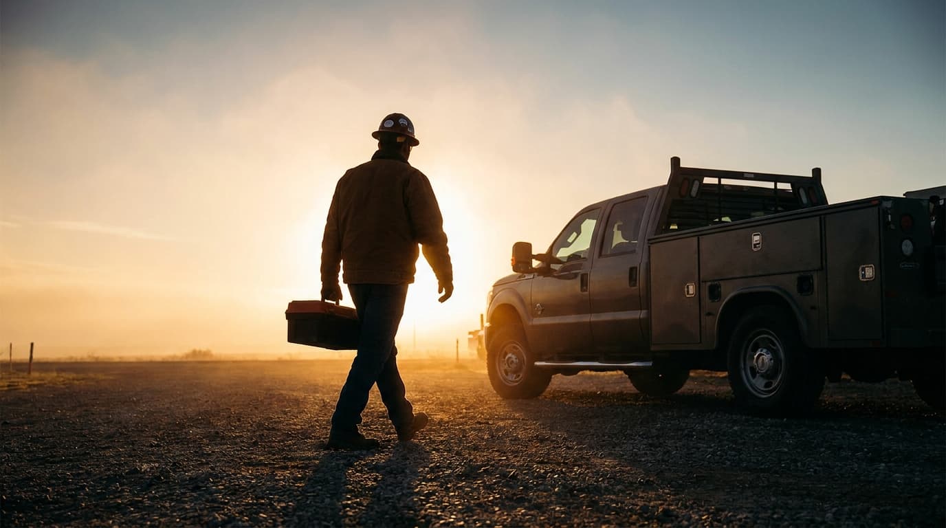 Tradesman walking toward his work truck at sunrise