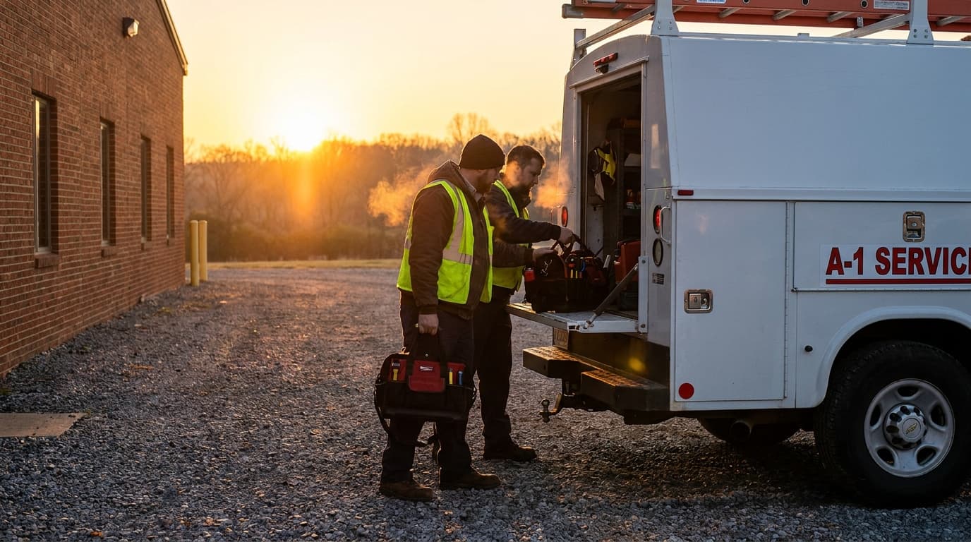 Two-person service crew loading equipment into a work truck at sunrise