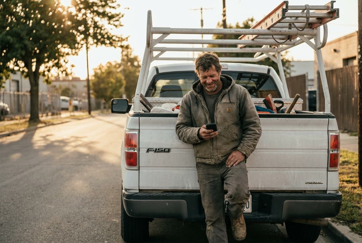 Tradesman checking his phone between jobs