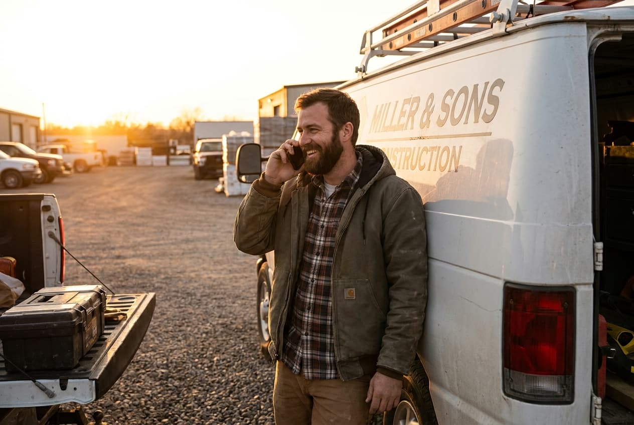 Tradesman answering a phone call beside his work van