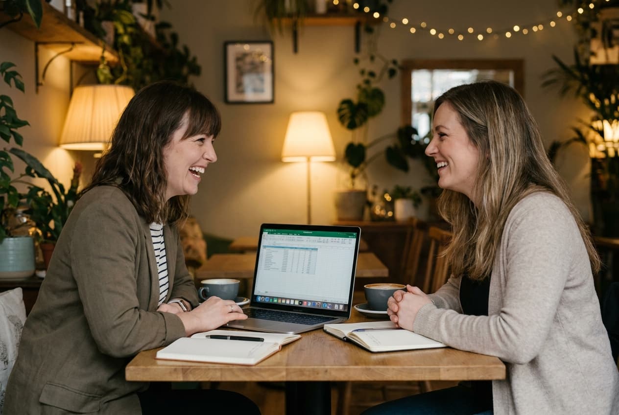 Business owner and consultant talking casually over a laptop