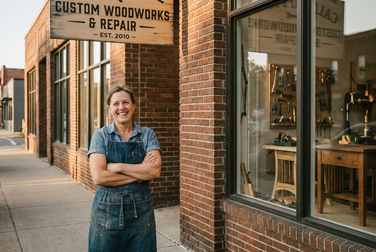 Small business owner standing outside their workshop storefront