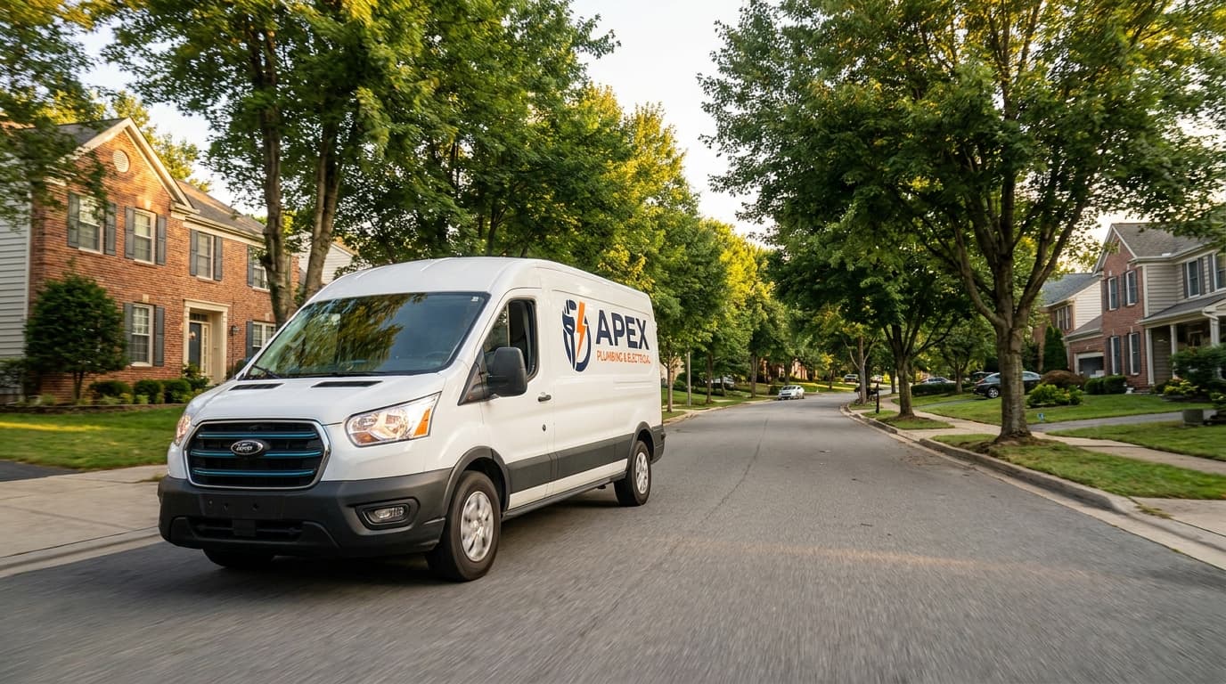 Branded plumbing and electrical service van driving through a suburban neighborhood