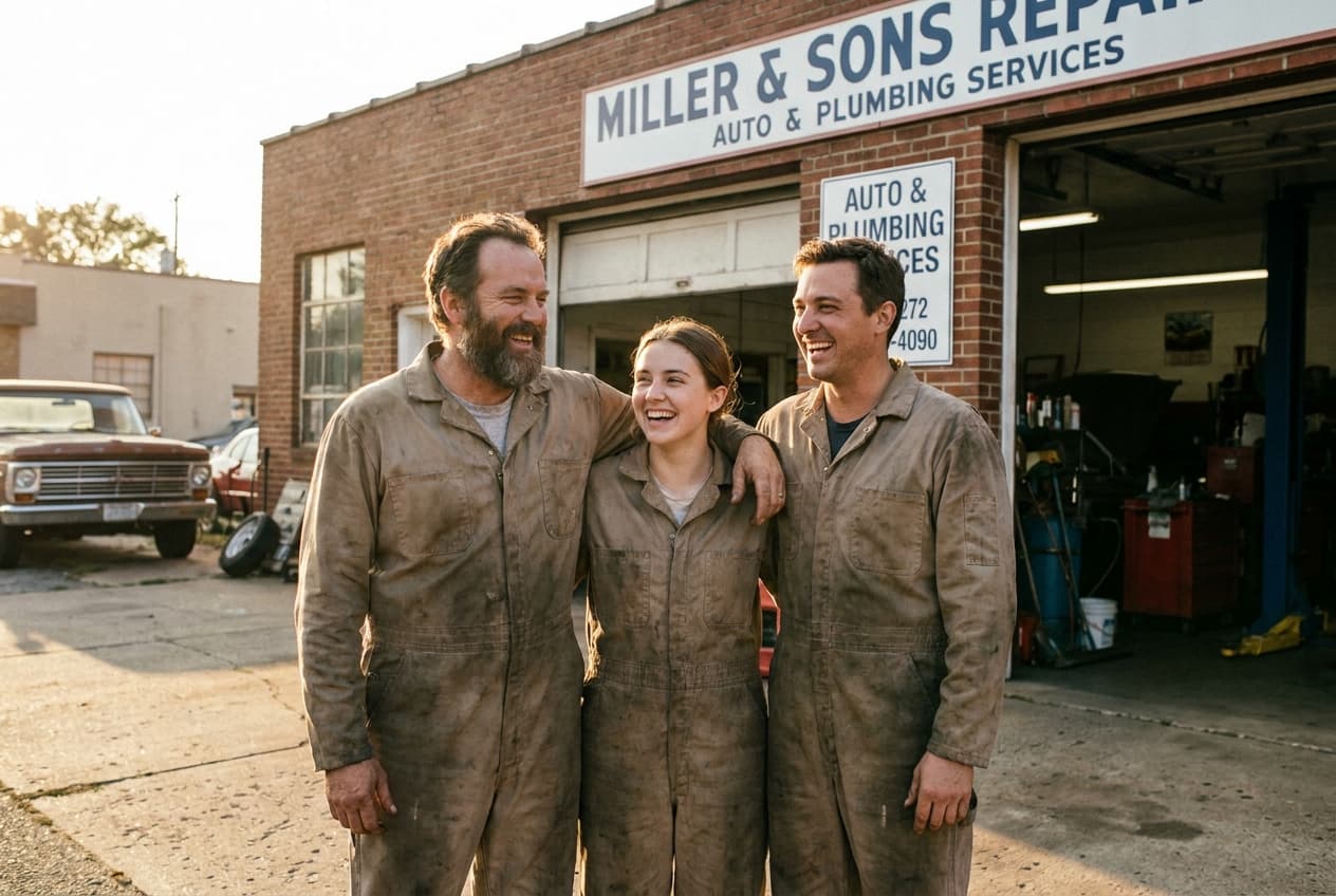 Happy shop owner and crew standing together outside their business