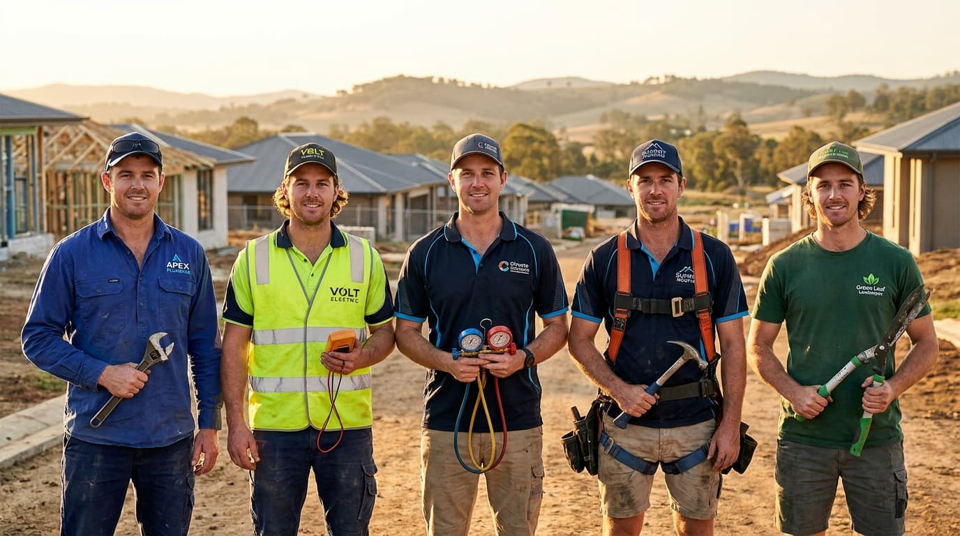 Plumber, electrician, HVAC technician, roofer, and landscaper standing together